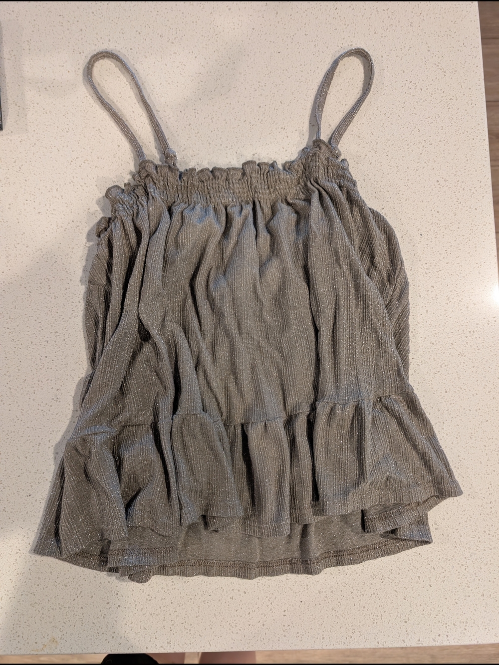 Smocked Metallic Gray Ruffle Cami Top